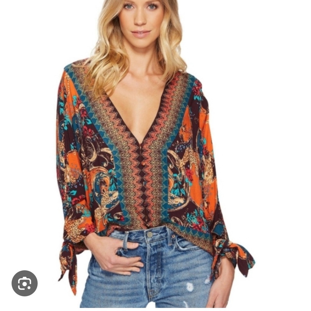 Free People Multicolor V-Neck Blouse